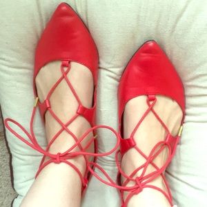 red lace up flats